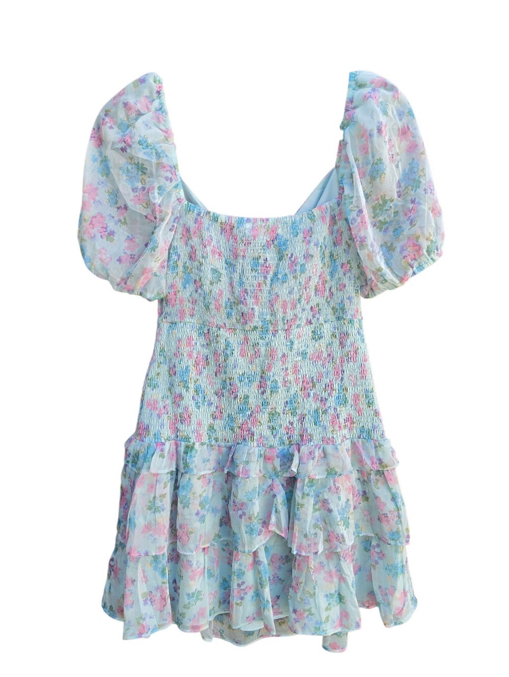 ASTR the Label Mint Multi Floral Chiffon Smocked Ruffle Mini Dress L - Picture 5 of 7